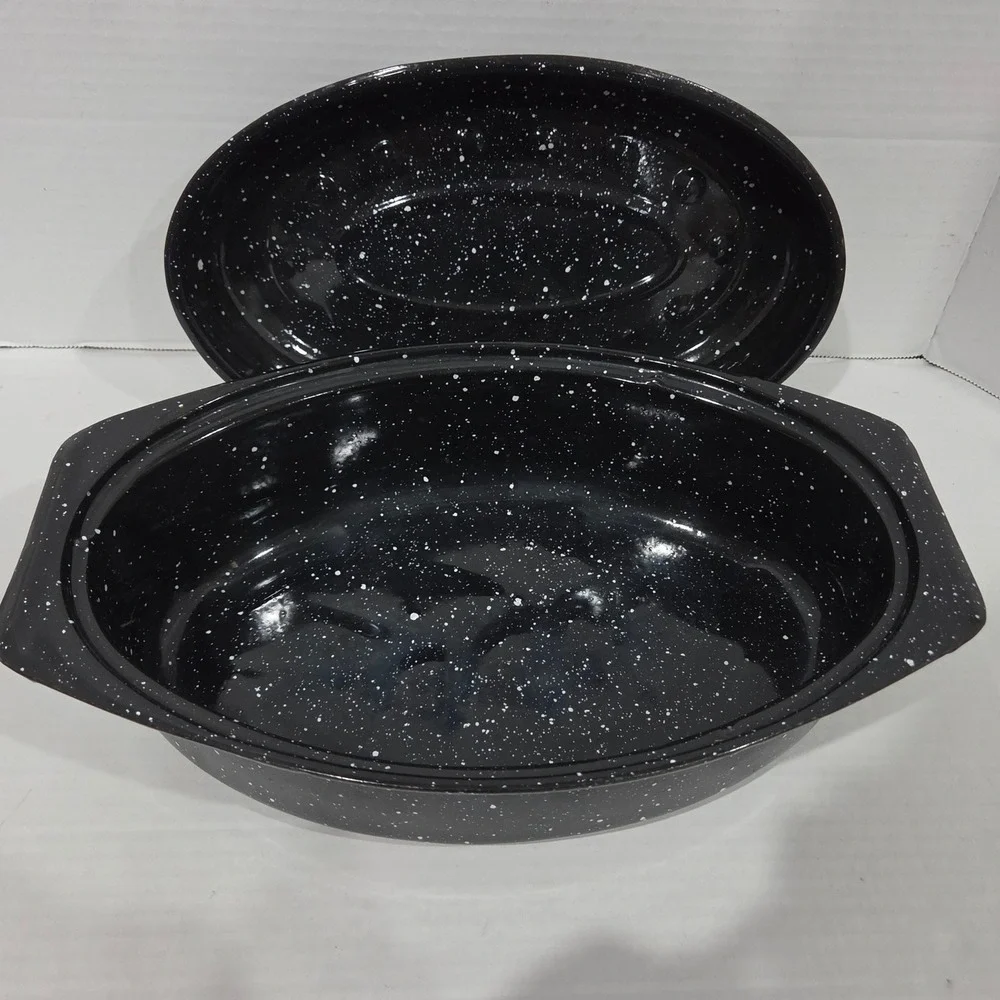 Vintage Black Granite Enamelware Oval Roasting Pan with Lid 12.5x8 Speckled